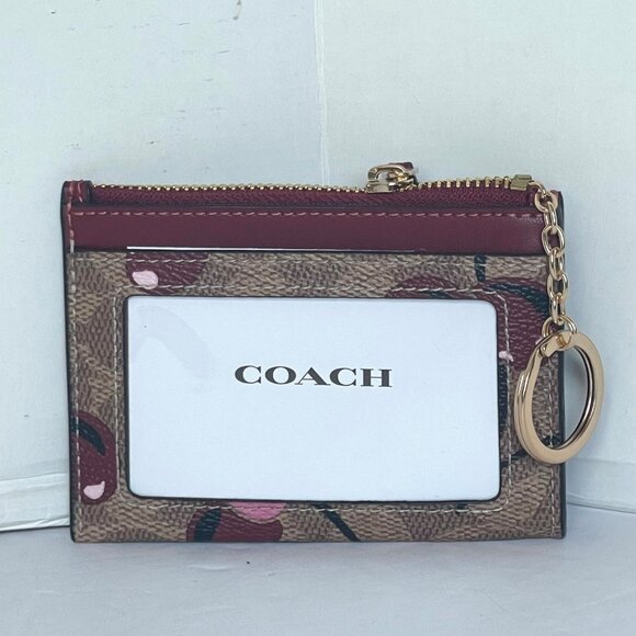 Coach Mini Skinny ID Wallet Cherry Red CZ462 Keyring Signature Brown Canvas - Picture 3 of 8